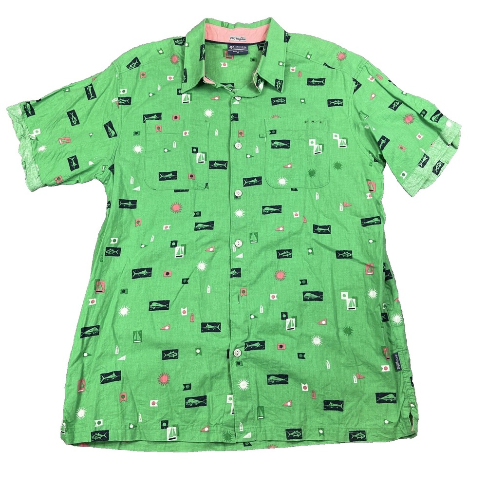 Columbia AOP Shirt Mens Medium Green Colorful Nautical Coastal